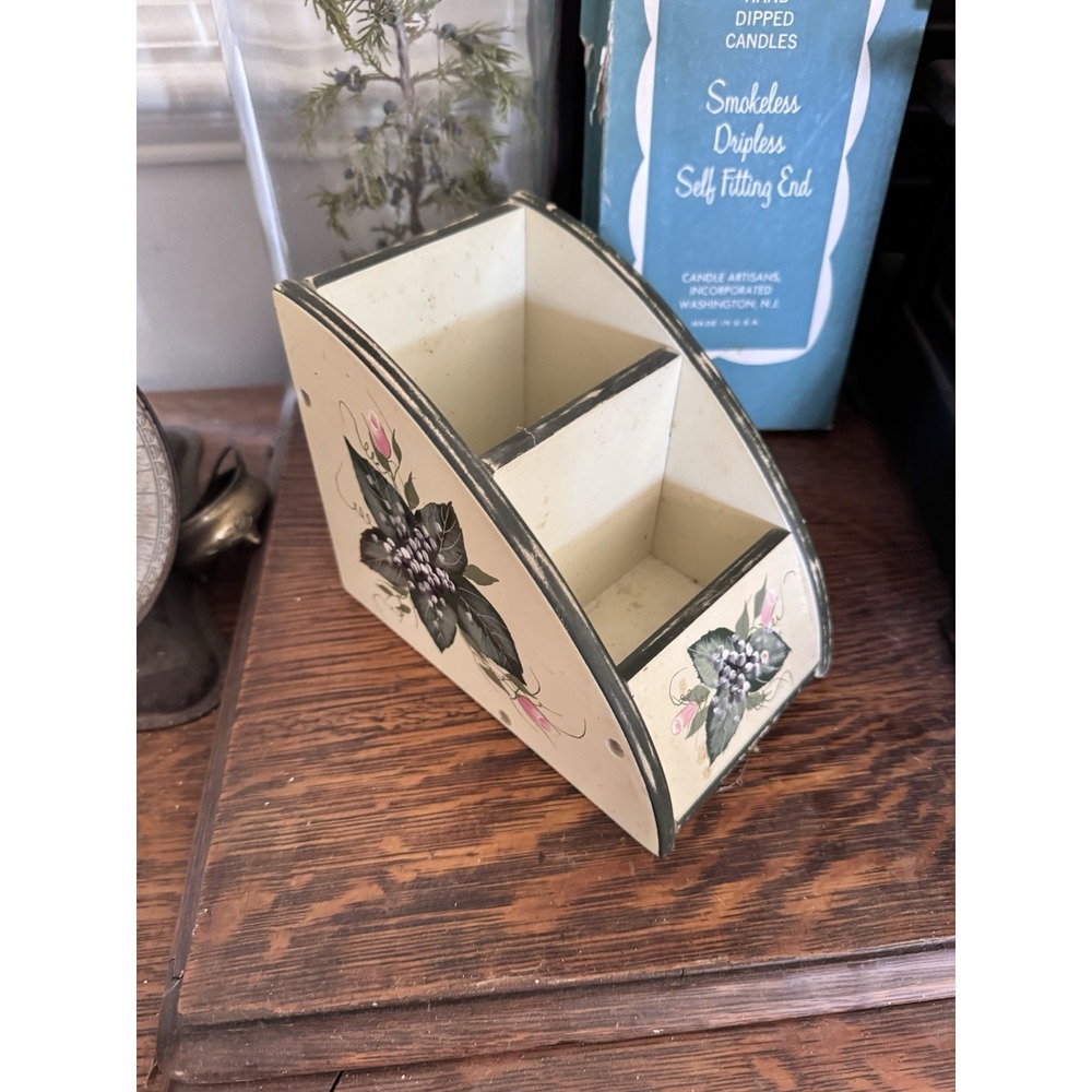Vintage Hand Painted Wooden Cottage Core Granny Floral Desk Organizer Freestand
